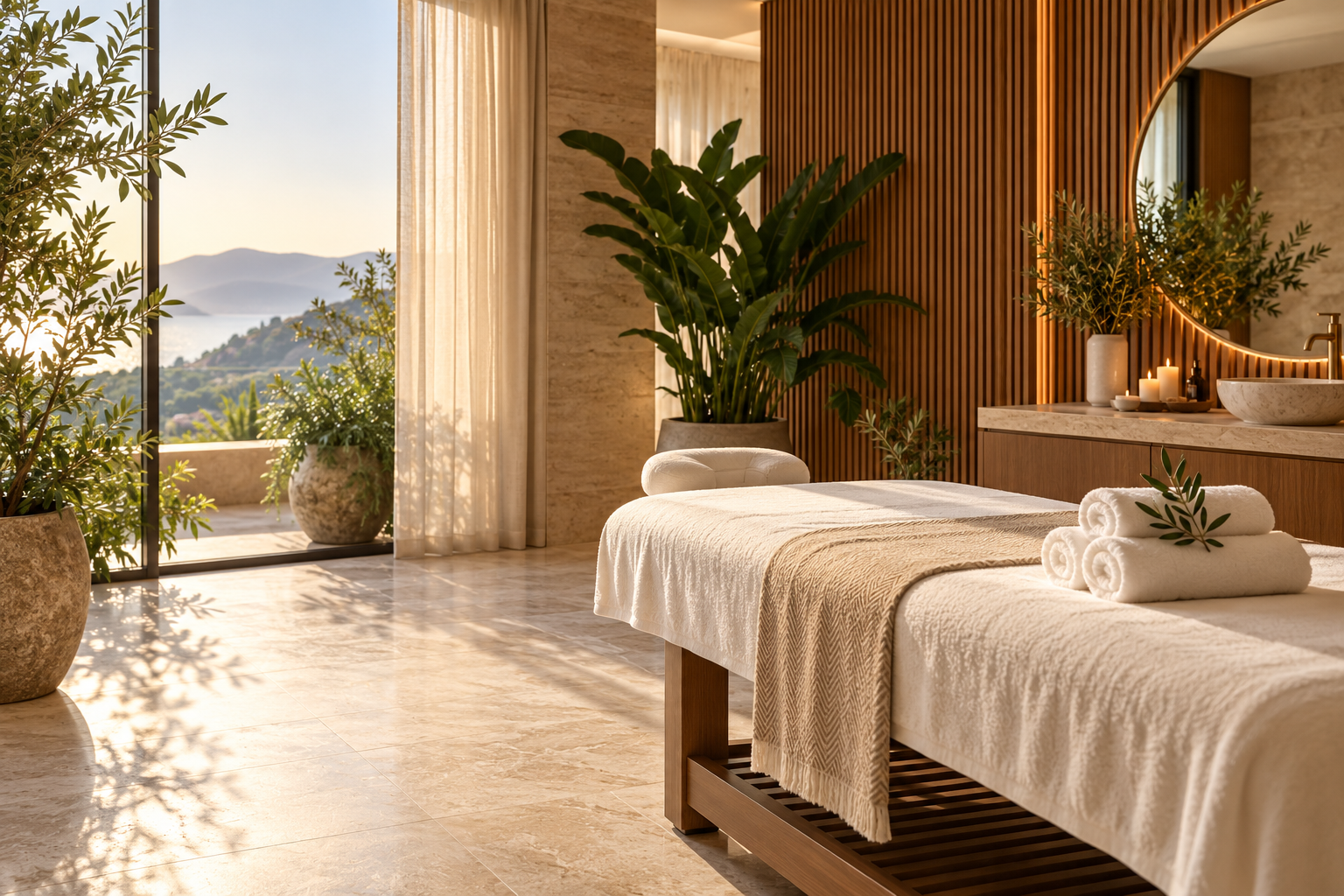 Gün ışığı alan, ahşap ve doğal tonlarda bir SPA bakım odası